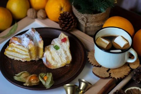 View of Christmas decor. Christmas objects: dried sliced orange, cinnamon, pi Stock Photos