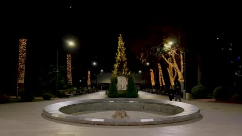 View of Christmas tree, garlands decor, turned-off fountain in Kikvidze Park Stock Footage 321163812
