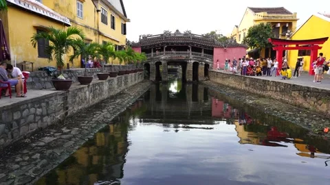 View of Chua Cau or Bridge temple of Hoi An ancient town in Vietnam Stock Footage 147313796
