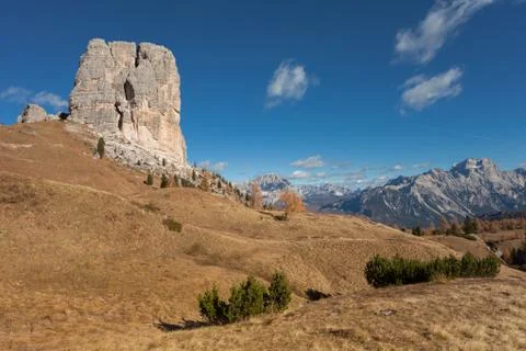 View on the Cinque Torri mount in the Dolomites area at fall Stock Photos