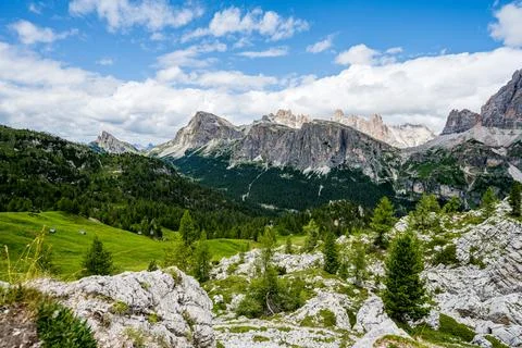 View from Cinque Torri to mountains around Stock Photos