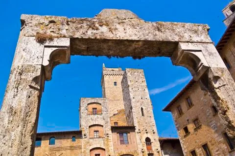 View on the Cistern square of San Gimignano, Tuscany - Italy Stock Photos