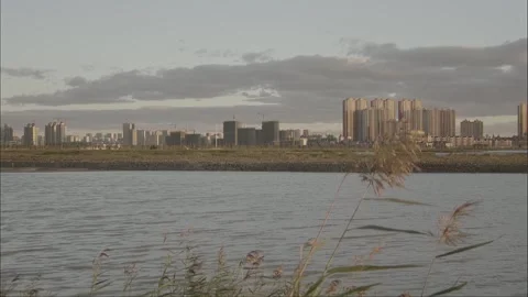 View of the city across the river Stock Footage 261510593