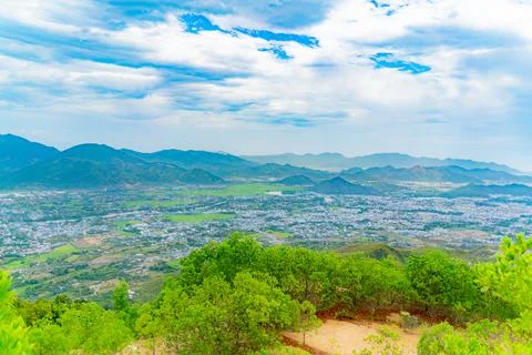 A view of the city from afar. 스톡 사진