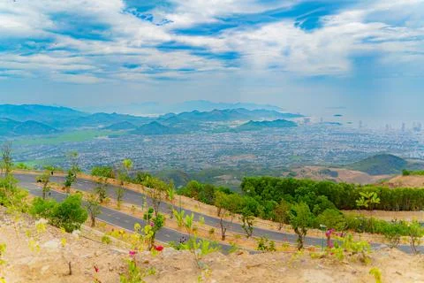 A view of the city from afar. 스톡 사진