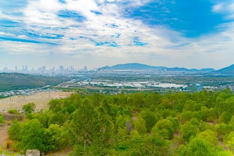 A view of the city from afar. 스톡 사진
