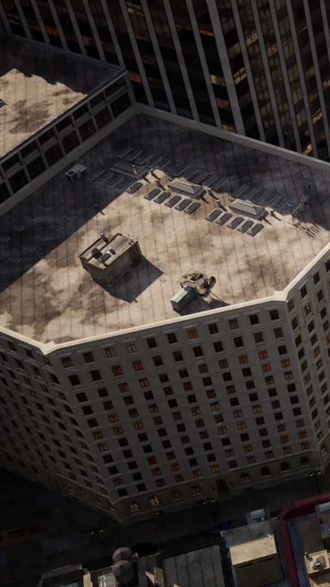View of a city building top with structures and streets visible below Stock Footage 340634538