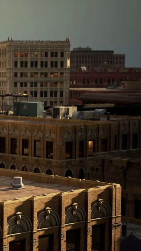 View of city buildings from rooftop at sunset with clear sky Stock Footage 337998134