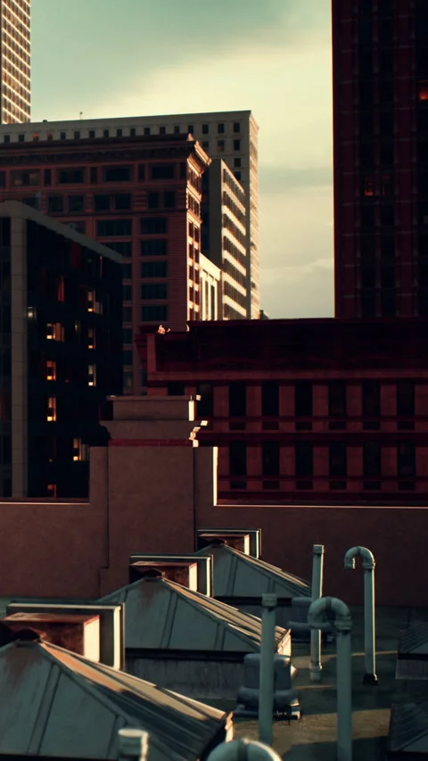 View of city buildings at sunset from rooftop in urban area Stock Footage 337998167