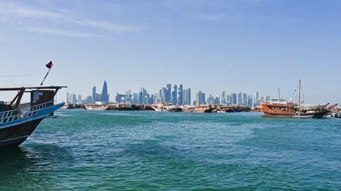 View of city centre buildings by the seafront from the souq waqif Stock Footage 294954286