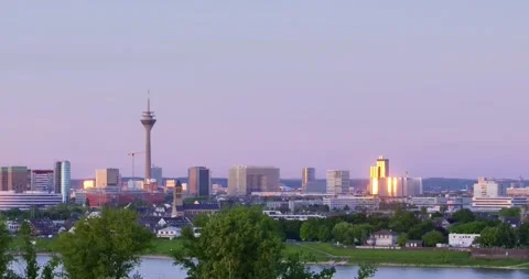 View of the city Dusseldorf at sunset from above Stock Footage 315612872