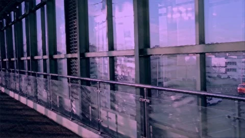 View of the city from inside the spatial structure of the steel bridge Stock Footage 167616902