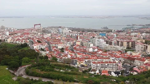 View on city Lisbon from Statue of Christ Stock Footage 88995322
