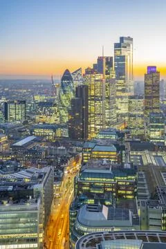View of City of London skyscrapers at dusk from the Principal Tower, London, Stock Photos