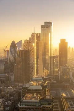 View of City of London skyscrapers at golden hour from the Principal Tower, Stock Photos