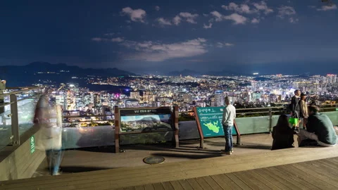 View of the city night lights seen from the top of Namsan mountain at night Stock Footage 288350903