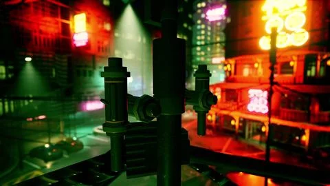 A view of a city at night from a window Ilustración de archivo