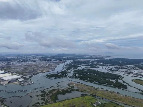A view of a city with a river running through it Stock Photos