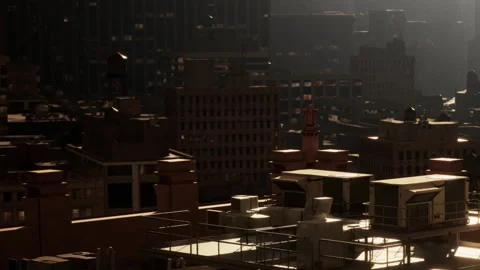 View of city rooftops during sunset with buildings and shadows Stock Footage 348555765