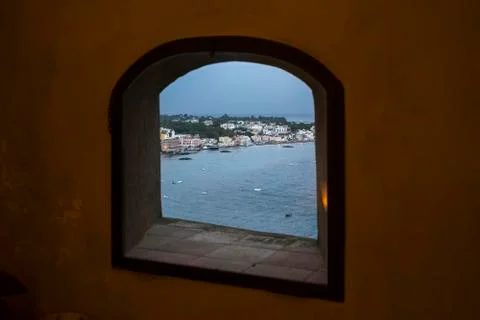 View of city seen through window, Aragonese Castle, Ischia Island, Campania, Stock Photos
