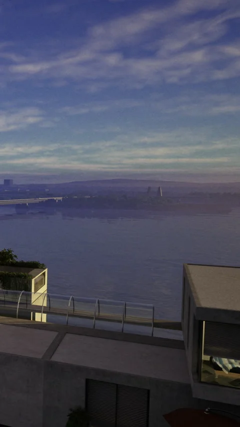 View of city skyline and river during twilight from a balcony 库存影片 335450545