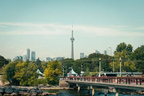 View of the city skyline from a bridge, featuring the iconic tower. Stock Photos
