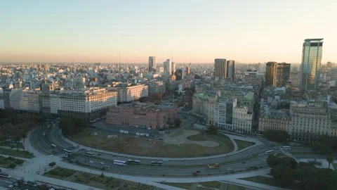 View of city skyline during sunset in Buenos Aires with busy streets Stock Footage 334772608