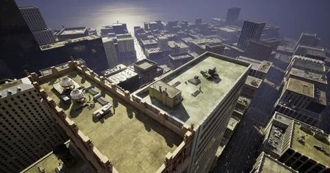 View of a city skyline with rooftops under a bright sky at dusk Ilustración de archivo