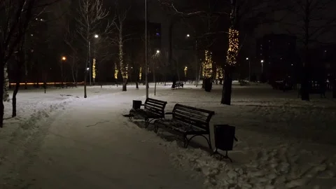 View of the city square after a snowfall luminescence of trees twilight Stock Footage 228736262