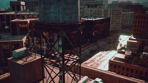 A view of a city from the top of a building Ilustración de archivo