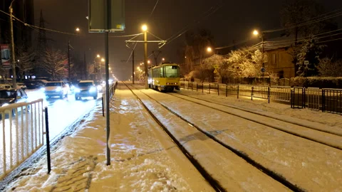 View of city tram night time Stock Footage 219634813