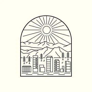 A view of a city under a mountain in mono line art  Stock Illustration