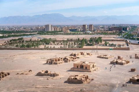View of the city of Yazd, Iran, and its archeological site, from Zoroastrian Stock Photos