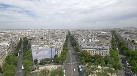 View of the cityscape and a big banner on a building in Paris Stockbeeldmateriaal 59869780