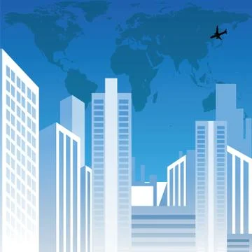 View of cityscape with buildings, world map and airplane Stock Illustration