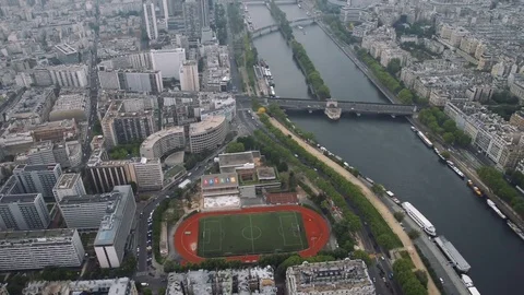 View of cityscape of Paris, Ile de France, France from Seine river to stadium Stock Footage 75836585