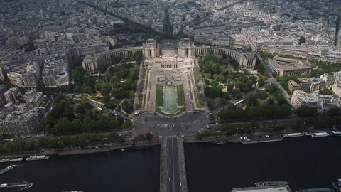 View of cityscape of Paris, Ile de France, France from Seine river to stadium Stock Footage 76444136