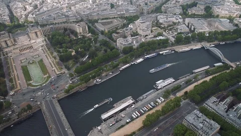 View of cityscape of Paris, Ile de France, France from Seine river to stadium Stock Footage 76444966