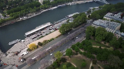 View of cityscape of Paris, Ile de France, France from Seine river to stadium Stock Footage 76447090