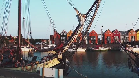 View on classic charthership in port of Stavoren. Stock Footage 95438341