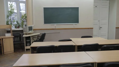 View Of Classroom With Blackboard. Old School Concept Stock Footage 256597174