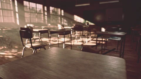 View to classroom with tables and small blackboard and grungy walls Stock Footage 232919581