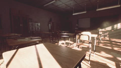 View to classroom with tables and small blackboard and grungy walls Vídeos de archivo 234488731