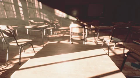 View to classroom with tables and small blackboard and grungy walls Stock Footage 252801060