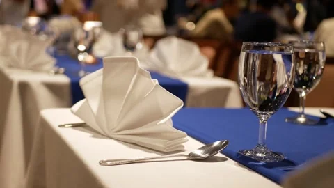 View to the classy banquet table for celebration at banquet hall in night t.. Stock Footage 256378124