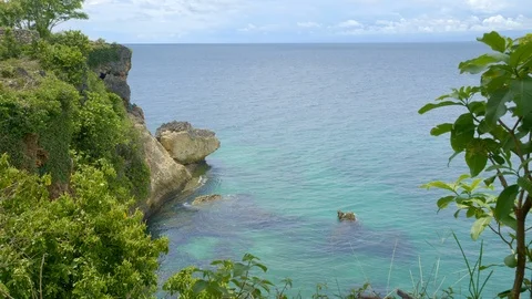 View from a cliff with green tree on a beautiful beach with Stock Footage 114988459
