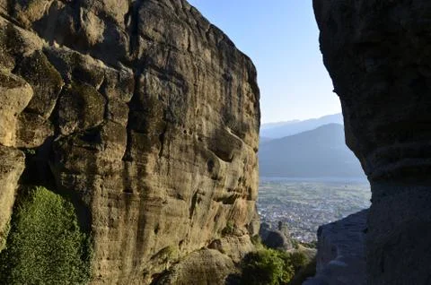  view of the cliffs and mountains from the passage to the Holy Trinity Monastery Stock Photos