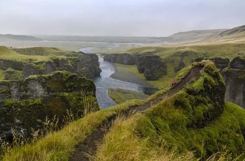 View of the cliffs and a river from above, Fjadrargljufur Canyon Stock Photos