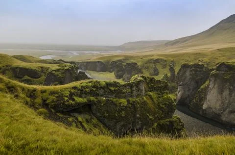 View of the cliffs and a river from above, Fjadrargljufur Canyon Stock Photos