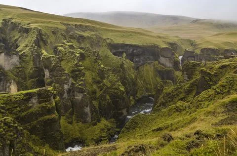 View of the cliffs and a river from above, Fjadrargljufur Canyon Stock Photos